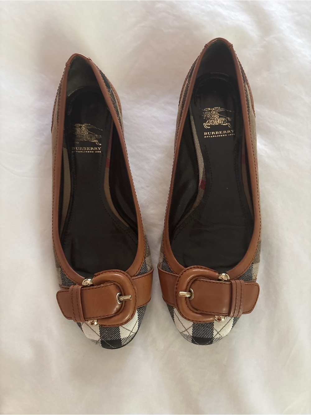 Burberry Brown Leather & Beige Check Buckle Flats